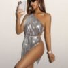 asymmetrical chainmail silver mini dress