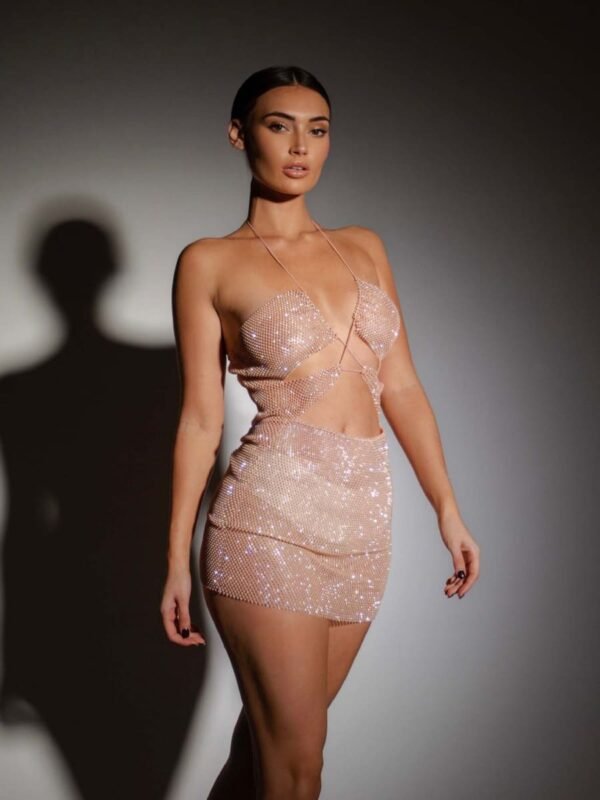 fishnet rhinestone mini dress nude