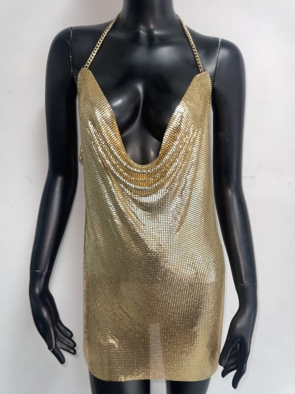 sexy halter chainmail mini dress gold