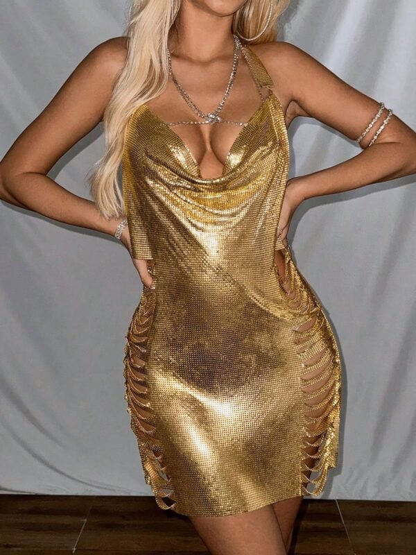 gold halter chainmail mini dress 3 gold halter chainmail mini dress