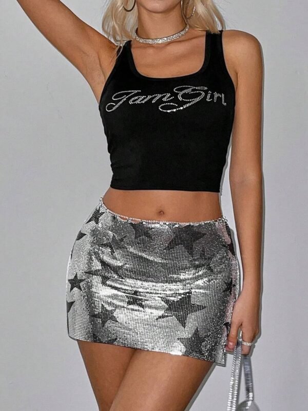 Craft: Rhinestone embellished3 silver metallic chainmail mini skirt