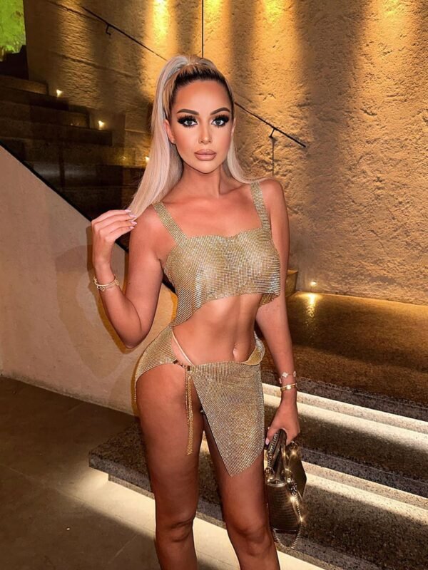 gold rhinestone two piece skirt set