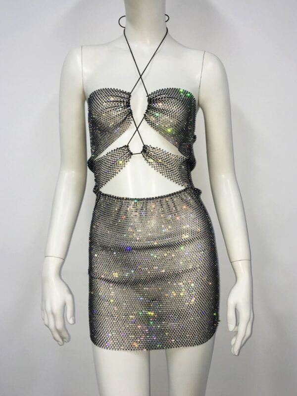 black fishnet rhinestone mini dress
