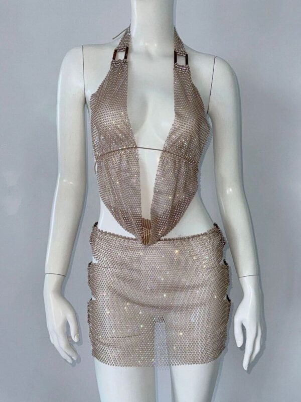 gold rhinestone fishnet crop top set