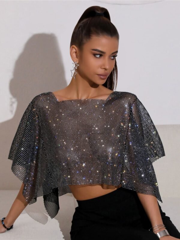 black rhinestone fishnet crop top